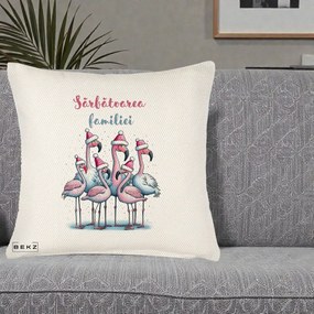 Perna Decorativa Flamingo Craciun Sarbatoarea Familiei, 40x40 cm, Crem Reliefat, Husa Detasabila, Perna Inclusa, BEKZ®