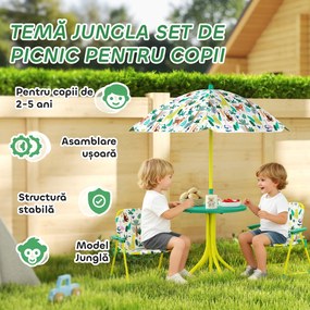 AIYAPLAY Masă de Picnic pentru Copii, Set Masă și Două Scaune Pliabile cu Umbrelă Demontabilă, Tematică Jungle, Mobilier de Exterior pentru Grădină, Terasă, Verde | Aosom Romania