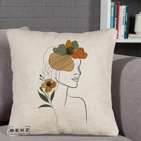 Perna Decorativa Portret Feminin Flori Multicolore, 40x40 cm, Bej Canapea, Husa Detasabila, Perna Inclusa, BEKZ®