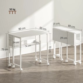 HOMCOM Birou pliabil 80cm, raft, roți, alb | Aosom Romania