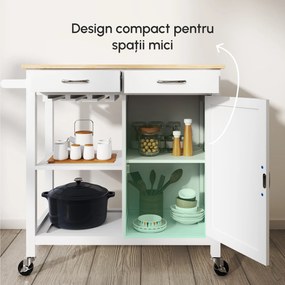 Carucior de bucatarie HOMCOM, dulap cu 2 sertare si roti | Aosom Romania