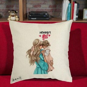 Cadou pentru Mama - Perna Personalizata Mommy's Girl Mama si Fetita, 40x40 cm, Ecru, Husa Detasabila, Perna Inclusa, BEKZ®
