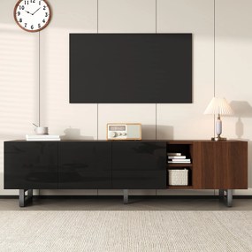 Dulap TV modern cu 4 uși, spațiu mare de depozitare, design vintage, 180x38x50 cm, Negru+Culoare naturală