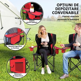 Outsunny Set 2 Scaune de Camping Pliabile cu Geantă Frigorifică, Suport pentru Pahare și Tetieră, 94x62x100 cm, Roșu | Aosom Romania