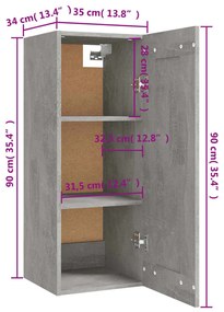 Dulap suspendat, gri beton, 35x34x90 cm, lemn prelucrat Gri beton, 1