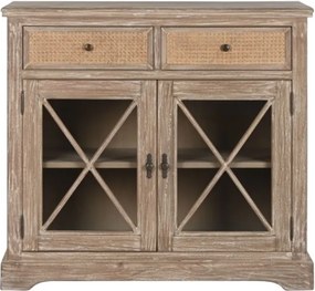 Bufet vintage în stil French Country, din lemn de bayur, natur, cu 2 uși vitrate și 2 sertare din ratan împletit, 91,5 x 100 x 45 cm, „Seraphine”