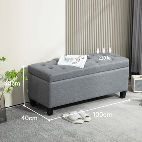 HOMCOM Bancă, Bancă cu perne și spațiu de depozitare, poliester asemănător cu inul, lemn de cauciuc, 100 x 40 x 44 cm, Gri deschis | Aosom Romania