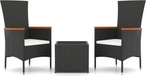 vidaXL Set șezlonguri grădină, 3 piese, negru, poliratan&oțel