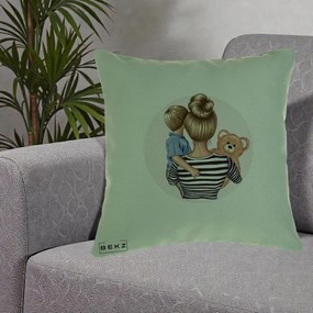 Cadou pentru Mama - Perna Personalizata Mama si Baietelul cu Ursulet, 40x40 cm, Verde, Husa Detasabila, Perna Inclusa, BEKZ®