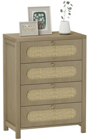 HOMCOM Comodă 4 sertare mobilier de depozitare stil boemian cu uși din răchită, 70 x 38 x 93 cm, efect lemn natural | Aosom Romania