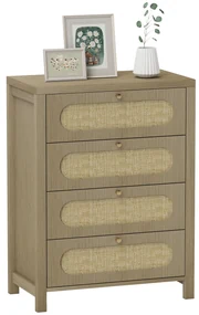 HOMCOM Comodă 4 sertare mobilier de depozitare stil boemian cu uși din răchită, 70 x 38 x 93 cm, efect lemn natural | Aosom Romania