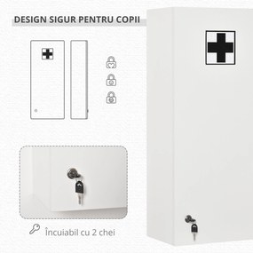 Dulapior de Perete pentru Medicamente cu Încuietoare, 5 Niveluri si Rafturi Reglabile, din Lemn si Sticla, Alb 30x20x70cm Kleankin | Aosom Romania
