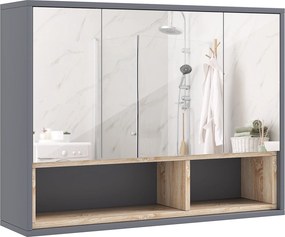 HOMCOM Oglindă de Baie cu 3 Uși și Dulap, Oglindă de Baie cu Compartiment de Depozitare, 80x20x60 cm, Gri | Aosom Romania