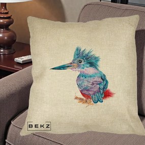 Perna Decorativa Pasare Martin Pescar Acuarela Albastru-Mov, 40x40 cm, Crem, Husa Detasabila, Perna Inclusa, BEKZ®