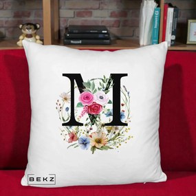 Cadou Personalizat - Perna Personalizata Monogram Litera M cu Flori Acuarela, 40x40 cm, Alb Pufos, Husa Detasabila, Perna Inclusa, BEKZ®