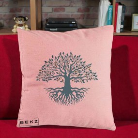 Perna Decorativa Copacul Vietii Teal cu Radacini, 40x40 cm, Roz, Husa Detasabila, Perna Inclusa, BEKZ®