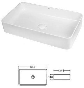 Lavoar pe blat alb lucios 60 cm, dreptunghiular, Fluminia Lena 605x340 mm