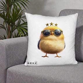 Perna Decorativa Pui Gold Star cu Ochelari Aurii, 40x40 cm, Alb Pufos, Husa Detasabila, Perna Inclusa, BEKZ®