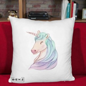 Perna Decorativa Unicorn Acuarela Pastel, 40x40 cm, Alb Pufos, Husa Detasabila, Perna Inclusa, BEKZ®