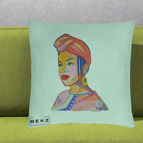 Perna Decorativa Portret Femeie Africana, 40x40 cm, Verde Menta, Husa Detasabila, Perna Inclusa, BEKZ®