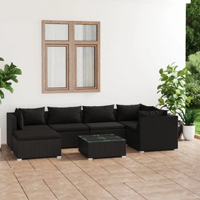 Set mobilier de gradina cu perne, 7 piese, negru, poliratan Negru, 3x colt + 2x mijloc + suport pentru picioare + masa, 1