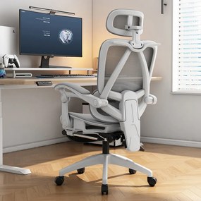 Scaun ergonomic, suport lombar dinamic, tetieră 3D, cotiere de legatura, umeras, pivotant, Mesh, Alb/Gri