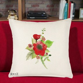 Perna Decorativa Buchet Rosu Acuarela, 40x40 cm, Crem Reliefat, Husa Detasabila, Perna Inclusa, BEKZ®