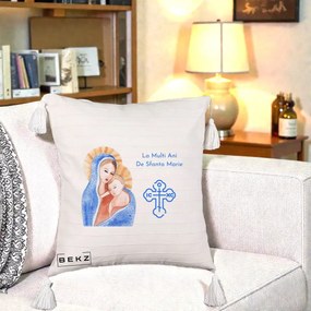 Cadou de Onomastica - Perna Personalizata Sfanta Marie Icoana Acuarela, 40x40 cm, Bej cu Franjuri, Husa Detasabila, Perna Inclusa, BEKZ®