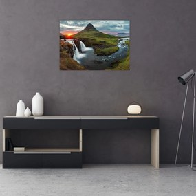 Tablou pe sticlă - Kirkjufell la apus (70x50 cm)