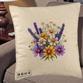 Perna Decorativa Lavanda Musetel si Flori Mov, 40x40 cm, Bej, Husa Detasabila, Perna Inclusa, BEKZ®