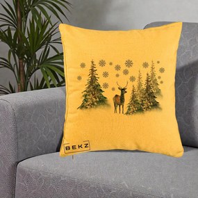 Perna Decorativa Ren in Padure Inzapezita, 40x40 cm, Galben, Husa Detasabila, Perna Inclusa, BEKZ®