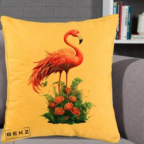 Perna Decorativa Flamingo cu Trandafiri Tropicali, 40x40 cm, Galben, Husa Detasabila, Perna Inclusa, BEKZ®