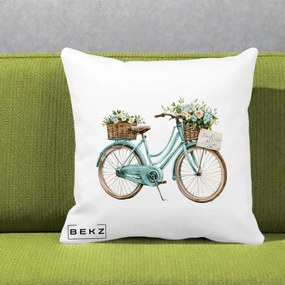 Perna Decorativa Bicicleta Teal cu Cosuri Duble de Flori Vintage, 40x40 cm, Alba Mata, Husa Detasabila, Perna Inclusa, BEKZ®