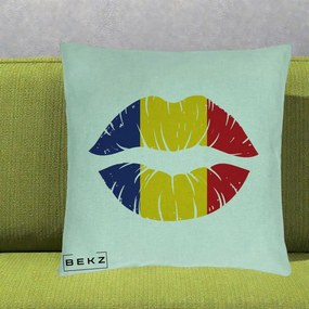 Perna Personalizata Buze Tricolor Romania, 40x40 cm, Verde Menta, Husa Detasabila, Perna Inclusa, BEKZ®