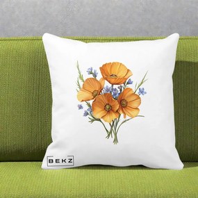Perna Decorativa Maci Portocalii cu Floricele Albastre, 40x40 cm, Alba Mata, Husa Detasabila, Perna Inclusa, BEKZ®