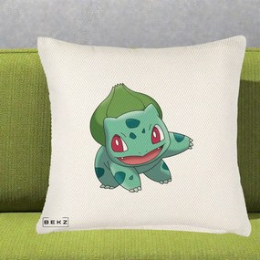 Perna Personalizata Bulbasaur Pokemon, 40x40 cm, Crem Reliefat, Husa Detasabila, Perna Inclusa, BEKZ®