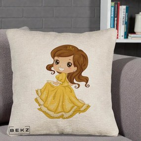 Perna Decorativa Printesa Bella Rochie Aurie, 40x40 cm, Bej Canapea, Husa Detasabila, Perna Inclusa, BEKZ®