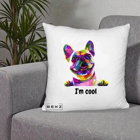 Perna Personalizata Bulldog Francez I'm Cool, 40x40 cm, Alb Pufos, Husa Detasabila, Perna Inclusa, BEKZ®
