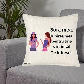 Cadou pentru Sora - Perna Personalizata Sora Mea Te Iubesc Doua Fete cu Telefoane, 40x40 cm, Crem Reliefat, Husa Detasabila, Perna Inclusa, BEKZ®