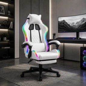 RESIGILAT- Scaun gaming, sistem iluminare bandă LED RGB, masaj în perna lombară, suport picioare, Alb