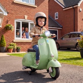 AIYAPLAY Motocicletă Electrică pentru Copii 3+ Ani, Licență VESPA, 6V, cu Roți Ajutătoare Detașabile, Max. 30 kg, Verde | Aosom Romania