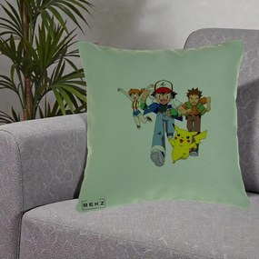 Perna Personalizata Pokemon Ash Misty Brock si Pikachu, 40x40 cm, Verde, Husa Detasabila, Perna Inclusa, BEKZ®