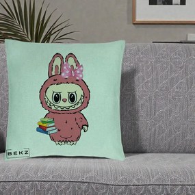 Perna Personalizata Labubu Roz cu Funda si Carti, 40x40 cm, Verde Menta, Husa Detasabila, Perna Inclusa, BEKZ®