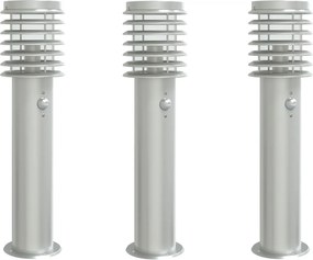 vidaXL Lămpi exterioare de podea senzor 3 buc argintiu 60 cm oțel inox
