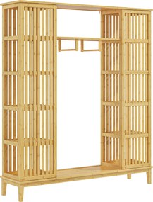 HOMCOM Dulap Deschis din Bambus cu 2 Uși Glisante, Garderobă cu Rafturi și Bară de Haine, 145x35x165 cm, Lemn Natural | Aosom Romania