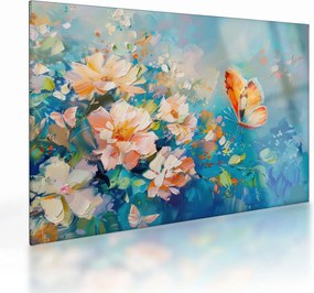 Tablou pe sticlă - Fluture și flori, pictură în ulei II. (70x50 cm)