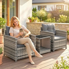 Outsunny Set mobilier exterior 3 piese din rășină împletită, masă și 2 fotolii cu perne, 62x65x75 cm, Gri deschis | Aosom Romania