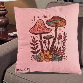 Perna Decorativa Ciuperci Boho Multicolore, 40x40 cm, Roz, Husa Detasabila, Perna Inclusa, BEKZ®