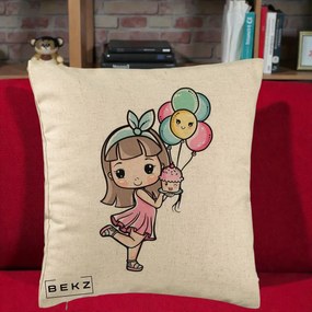 Perna Decorativa Fetita Kawaii cu Baloane si Cupcake, 40x40 cm, Bej, Husa Detasabila, Perna Inclusa, BEKZ®