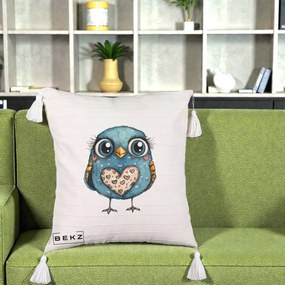 Perna Decorativa Bufnita Albastra cu Inimioare, 40x40 cm, Bej cu Franjuri, Husa Detasabila, Perna Inclusa, BEKZ®